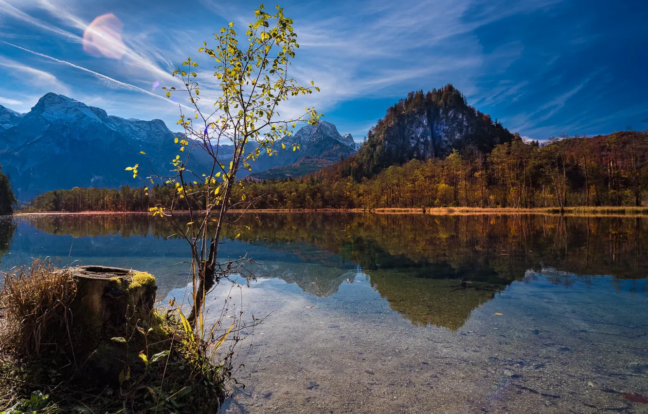 Photo wallpaper autumn, landscape, mountains, nature, lake, reflection, stump, Austria
