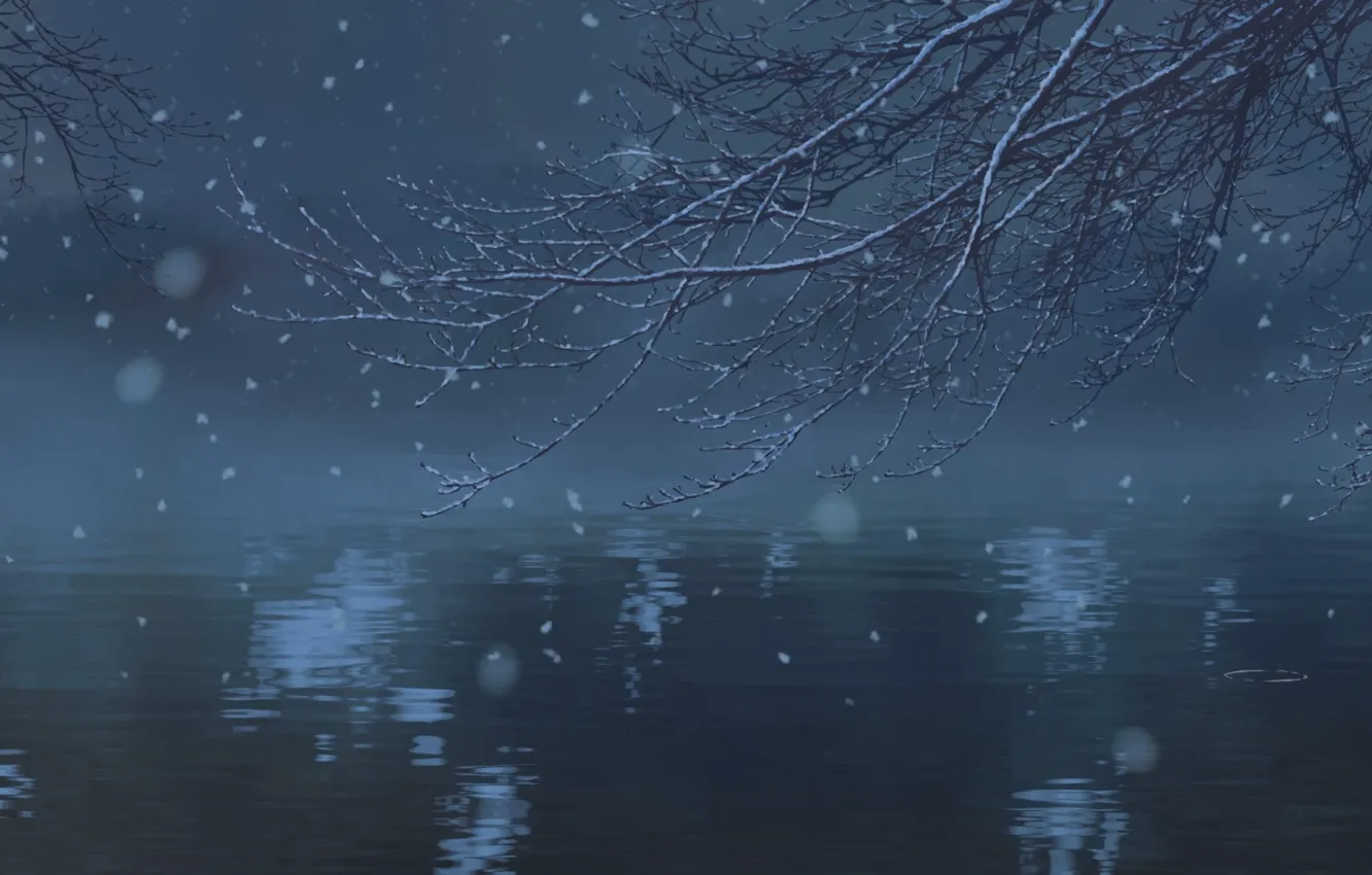Photo wallpaper Water, Lake, Trees, Snow, Branch, Anime, Twilight, Makoto Xingkai