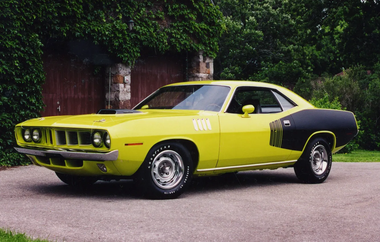 Photo wallpaper yellow, gate, the fence, 1971, side view, black, muscle car, Plymouth