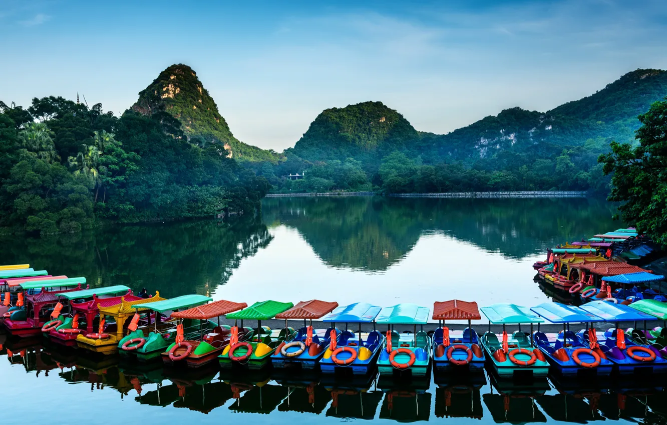 Photo wallpaper river, mountains, lake, boat, Lagoon