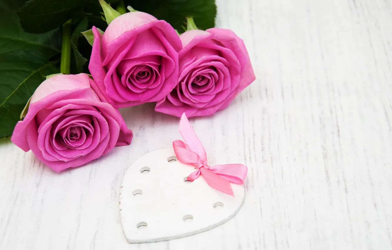 Photo wallpaper roses, bouquet, pink, heart, ribbon, Olena Rudo