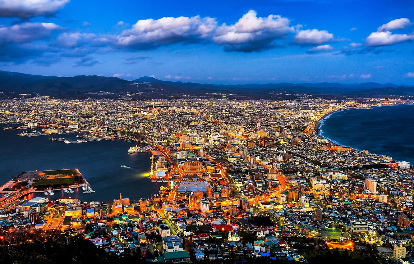 Photo wallpaper sea, clouds, coast, Japan, panorama, Bay, megapolis, Hakodate