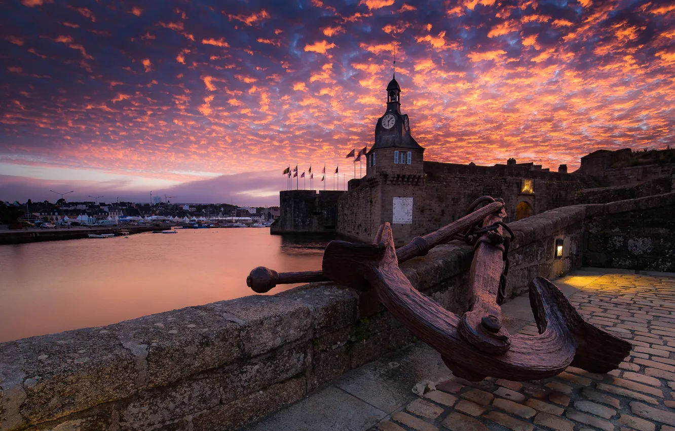 Photo wallpaper sea, clouds, sunset, old, castle, wall, France, watch