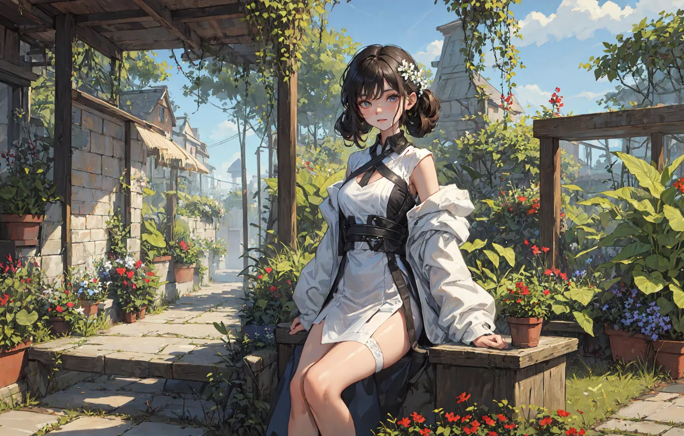 Photo wallpaper blue eyes, flowers, twintails, leaves, garden, women, plants, black hair