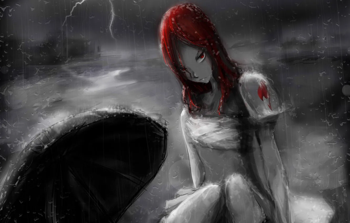 Photo wallpaper girl, rain, lightning, umbrella, anime, art, fairy tail, tale of fairy tail