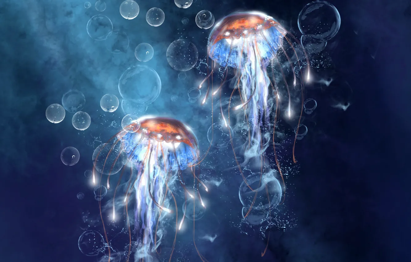 Photo wallpaper sea, bubbles, bubbles, art, jellyfish, under water