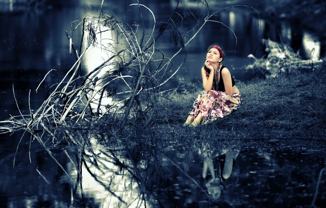 Photo wallpaper girl, nature, lake, mood