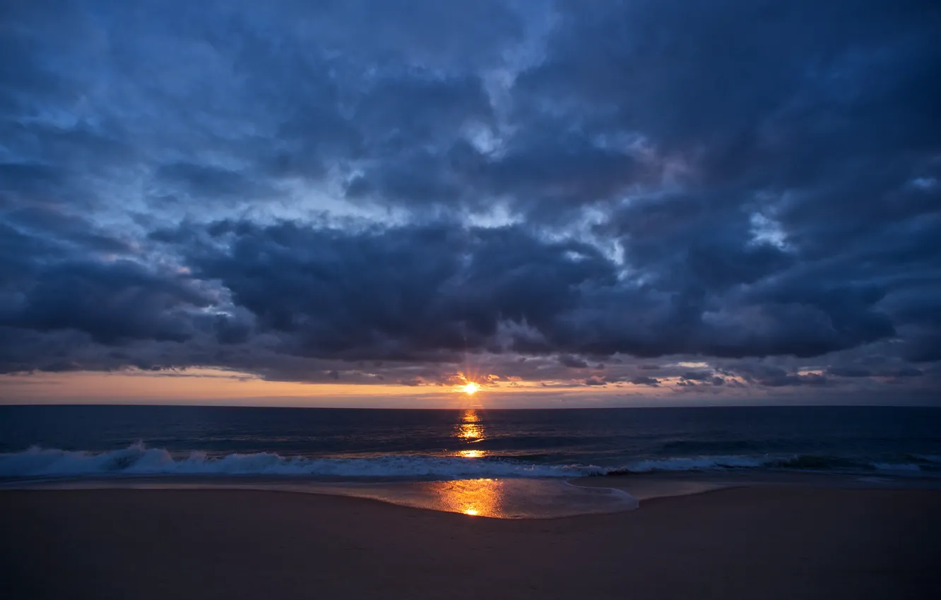 Photo wallpaper sea, beach, the sky, clouds, sunset, romance, shore