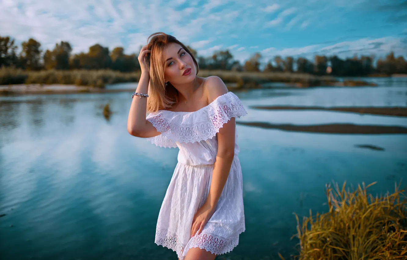 Photo wallpaper forest, look, girl, nature, lake, dress, pond, Andrei Filonenko