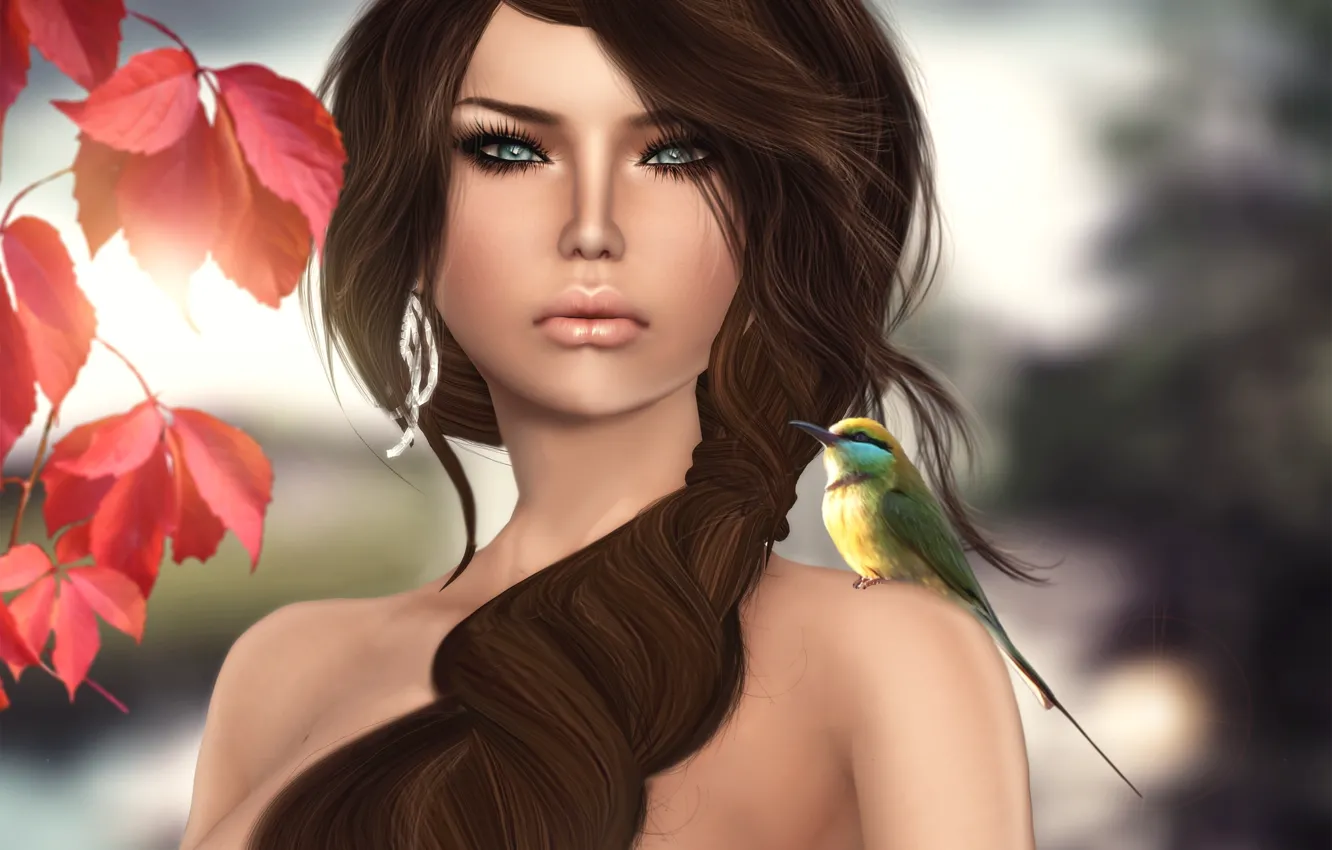 Photo wallpaper girl, bird, hair, brunette, schurka