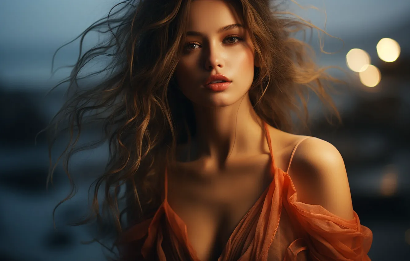 Photo wallpaper chest, look, girl, light, night, face, lights, the wind