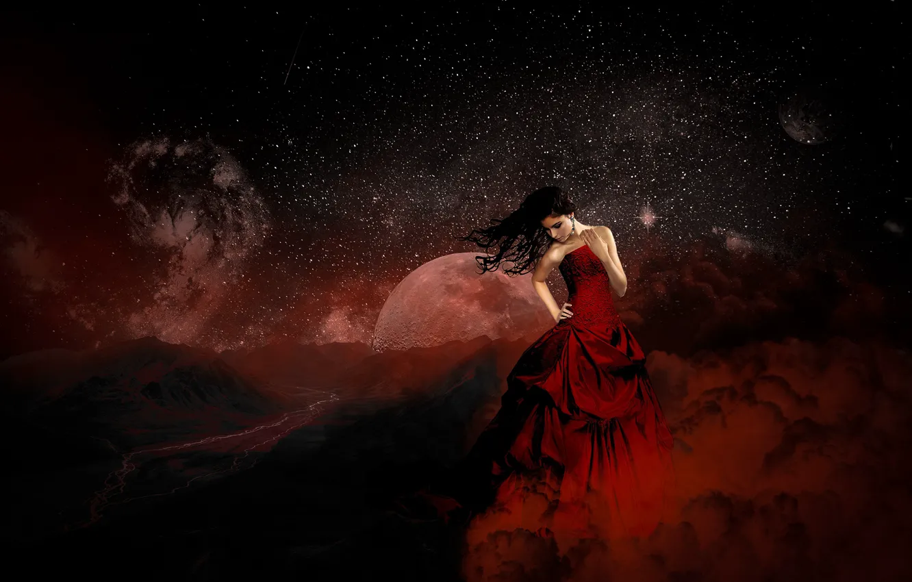 Photo wallpaper girl, space, stars, clouds, light, mountains, night, the dark background