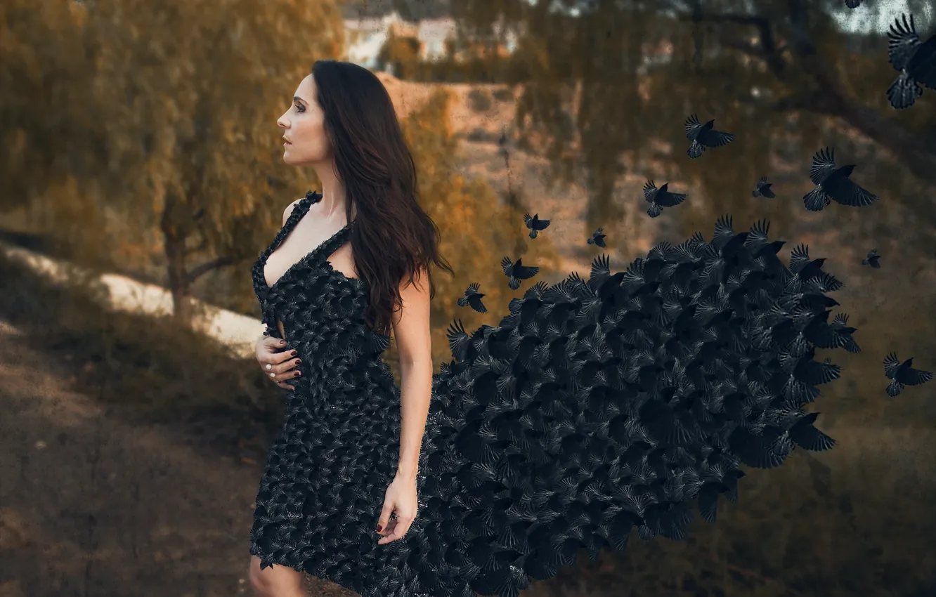 Photo wallpaper girl, birds, dress