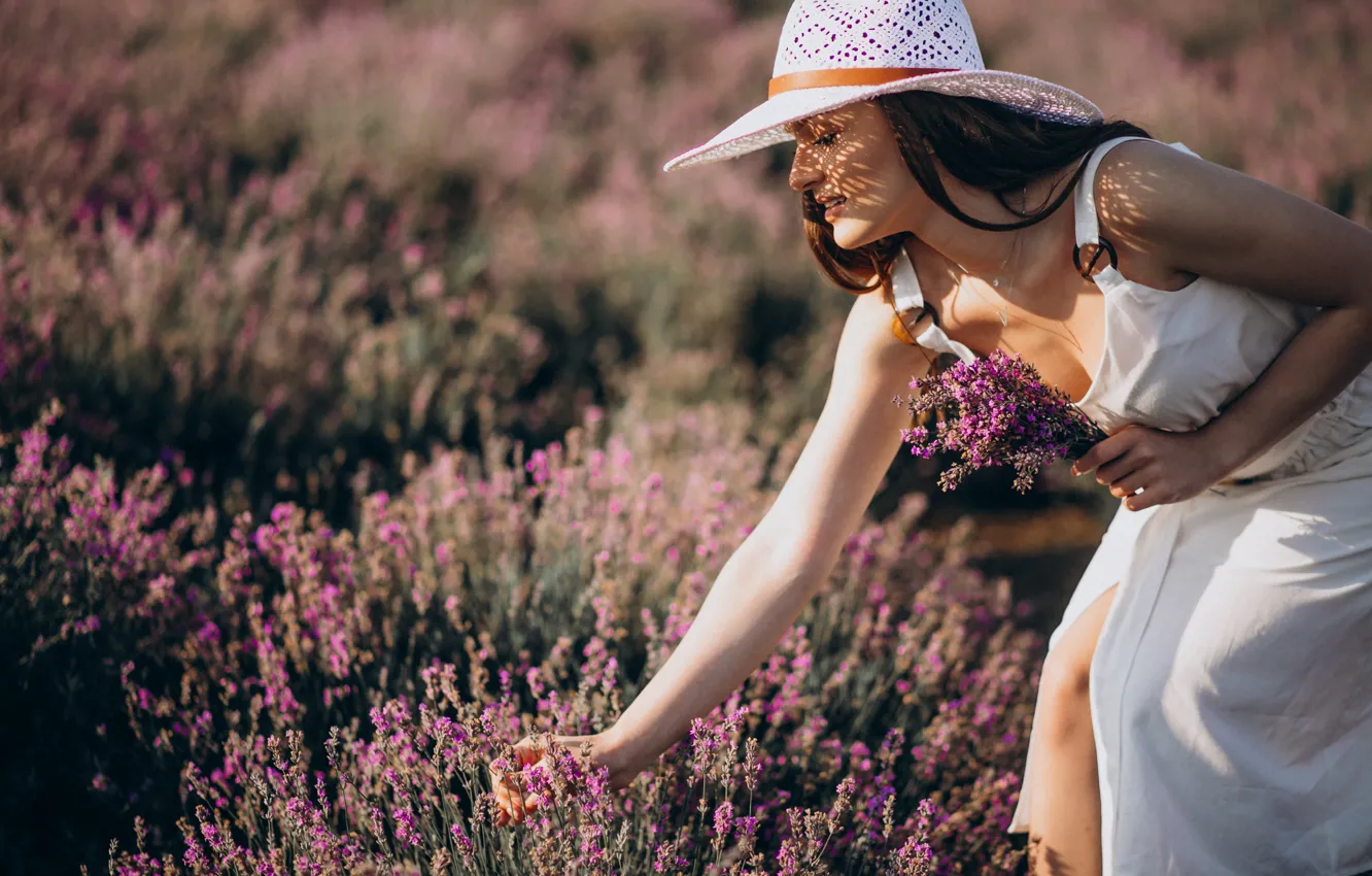 Photo wallpaper girl, flowers, portrait, hat, lavender, lavender field