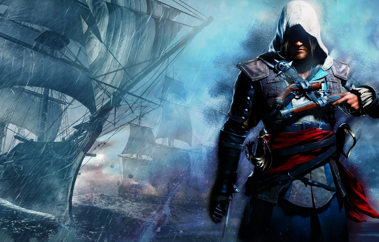 Photo wallpaper ship, flag, pirate, Edward Kenway, Assassins Creed 4