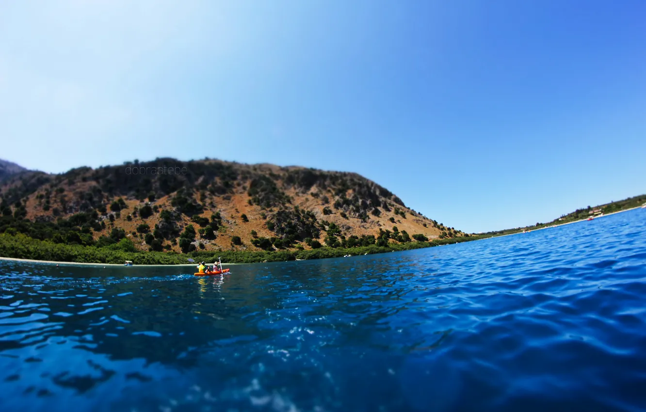 Photo wallpaper lake, mountain, Greece, tilt-shift, dobraatebe, Crete, kayak