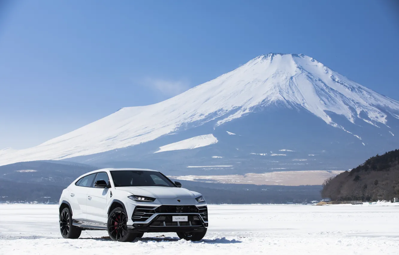 Photo wallpaper winter, mountain, Lamborghini, Japan, 2018, crossover, Fuji, Urus
