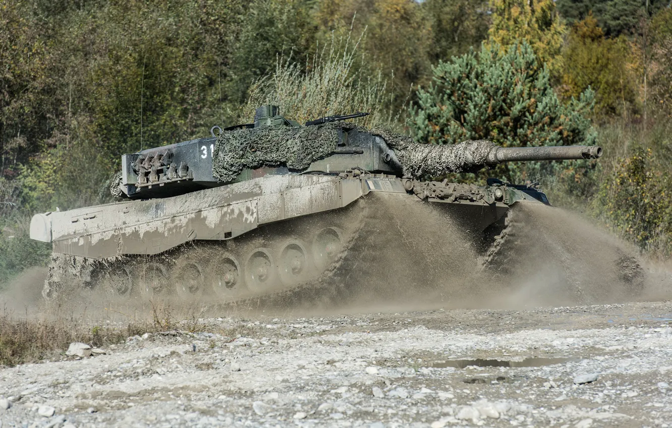 Photo wallpaper dirt, tank, combat, Leopard 2, maneuvers