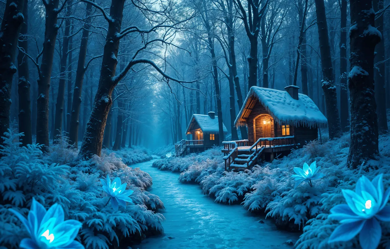 Photo wallpaper forest, night, tale, houses