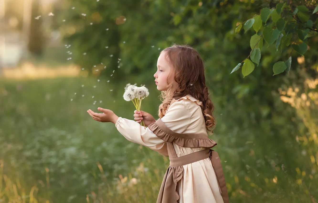 Photo wallpaper nature, girl, dandelions, child, Natalia Vetoshkina