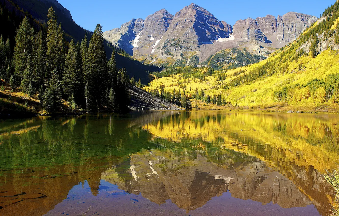 Photo wallpaper autumn, forest, the sky, trees, mountains, lake