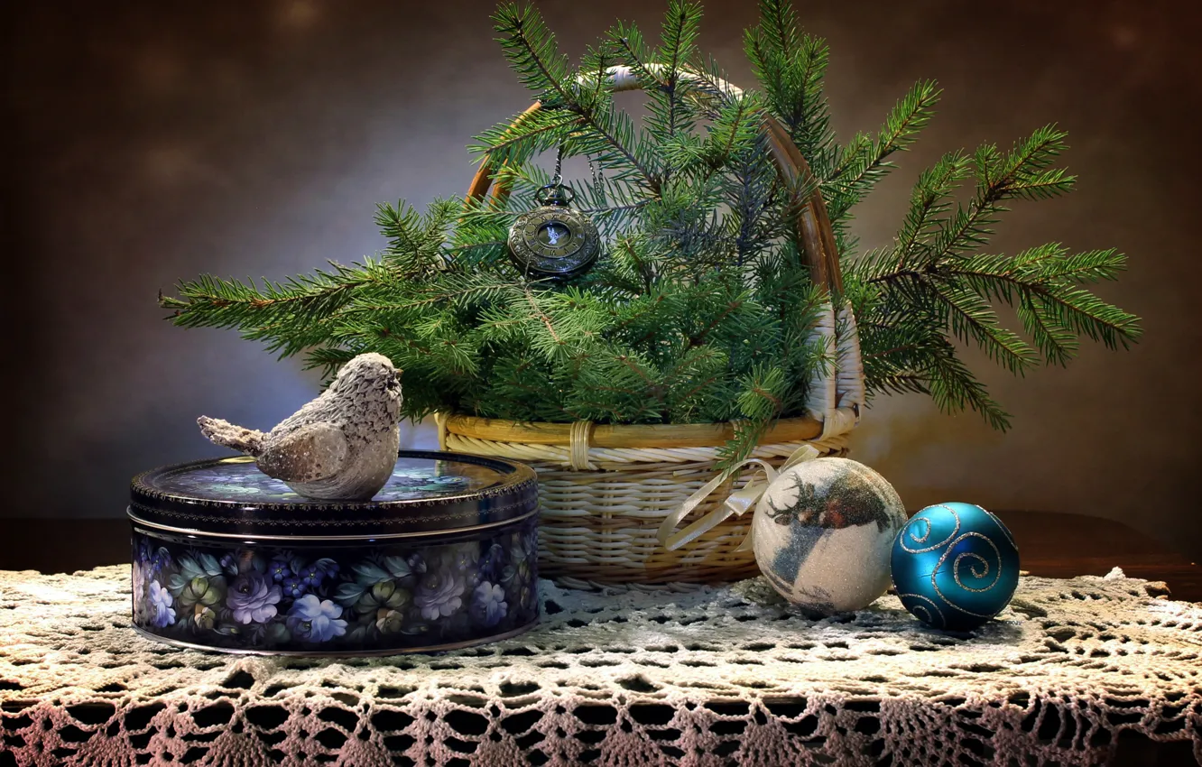 Photo wallpaper table, holiday, box, bird, balls, basket, toys, watch