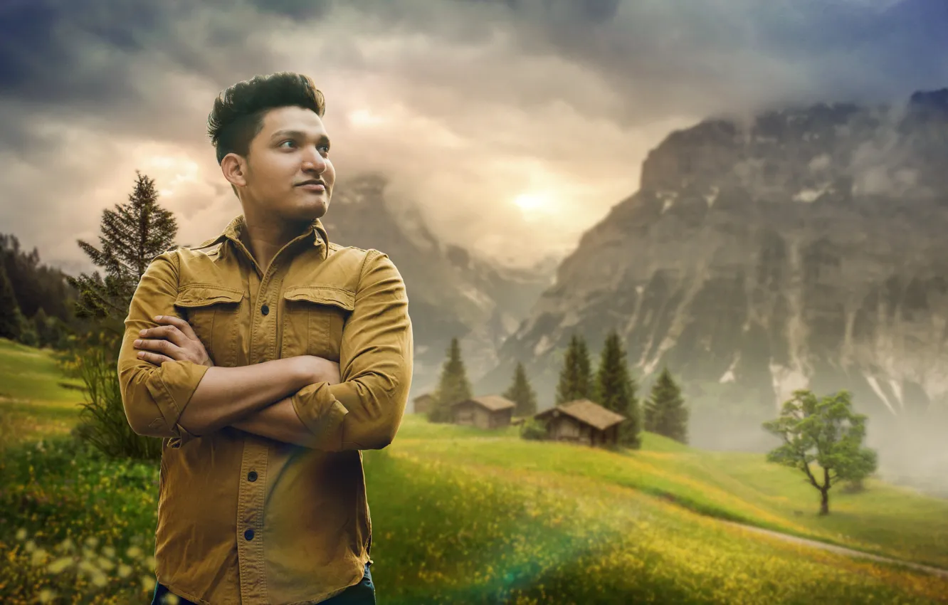 Photo wallpaper Sony, mountain, evening, mood, orange, men, indian, Leo