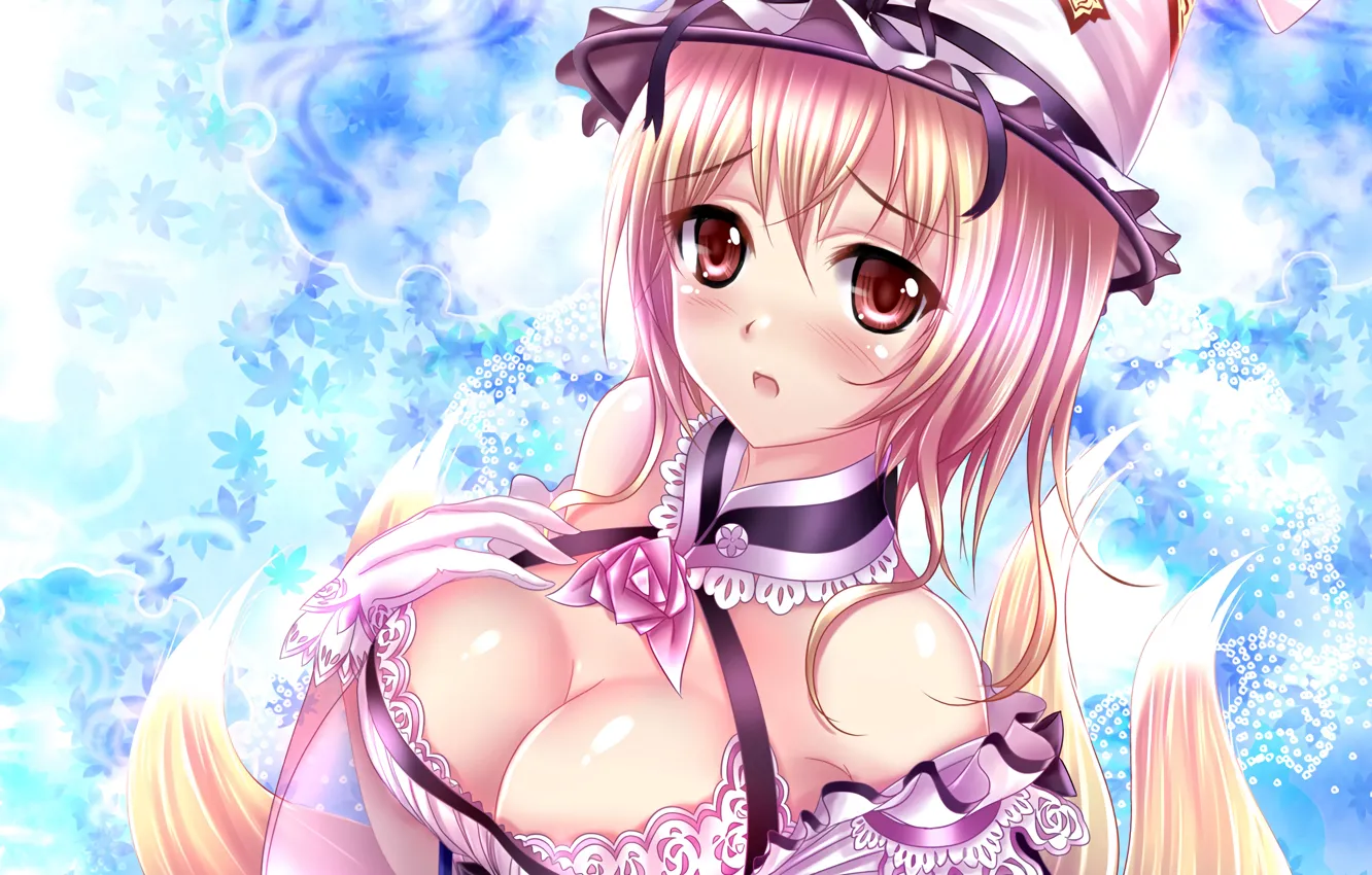 Photo wallpaper girl, sexy, cleavage, blouse, long hair, touhou, brown eyes, boobs