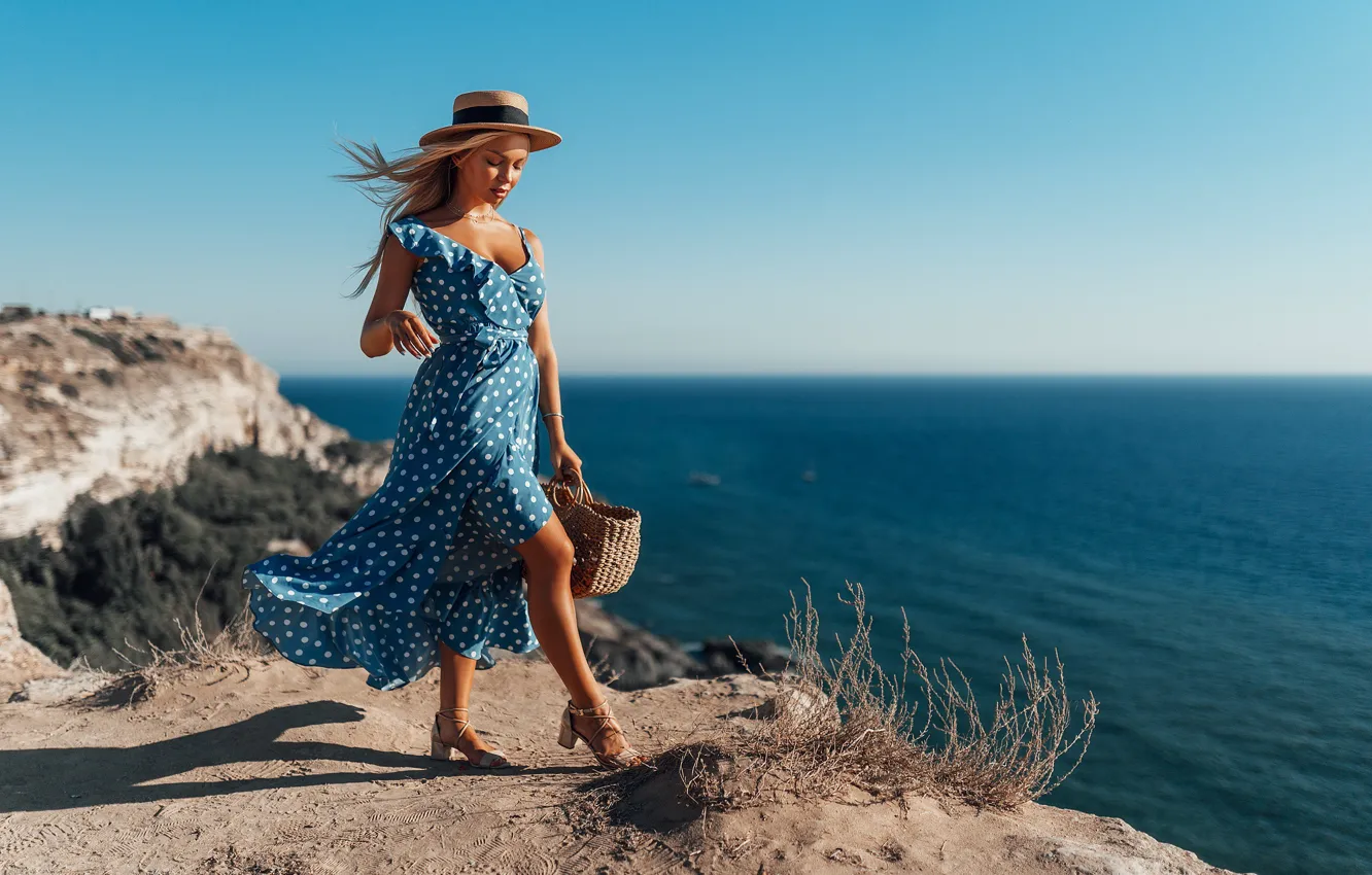 Photo wallpaper girl, pose, rock, coast, polka dot, dress, hat, Crimea