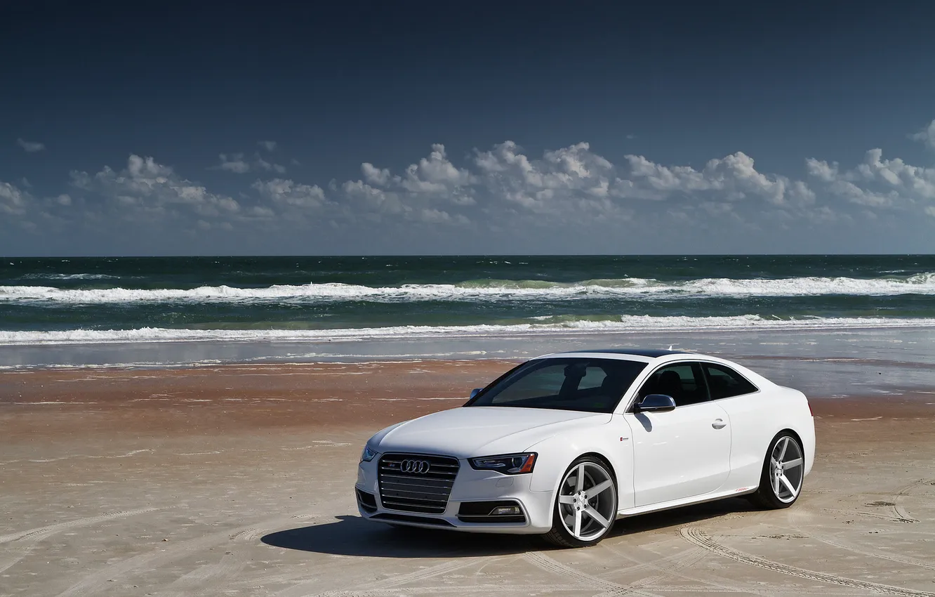 Photo wallpaper sand, sea, wave, white, beach, clouds, Audi, Audi