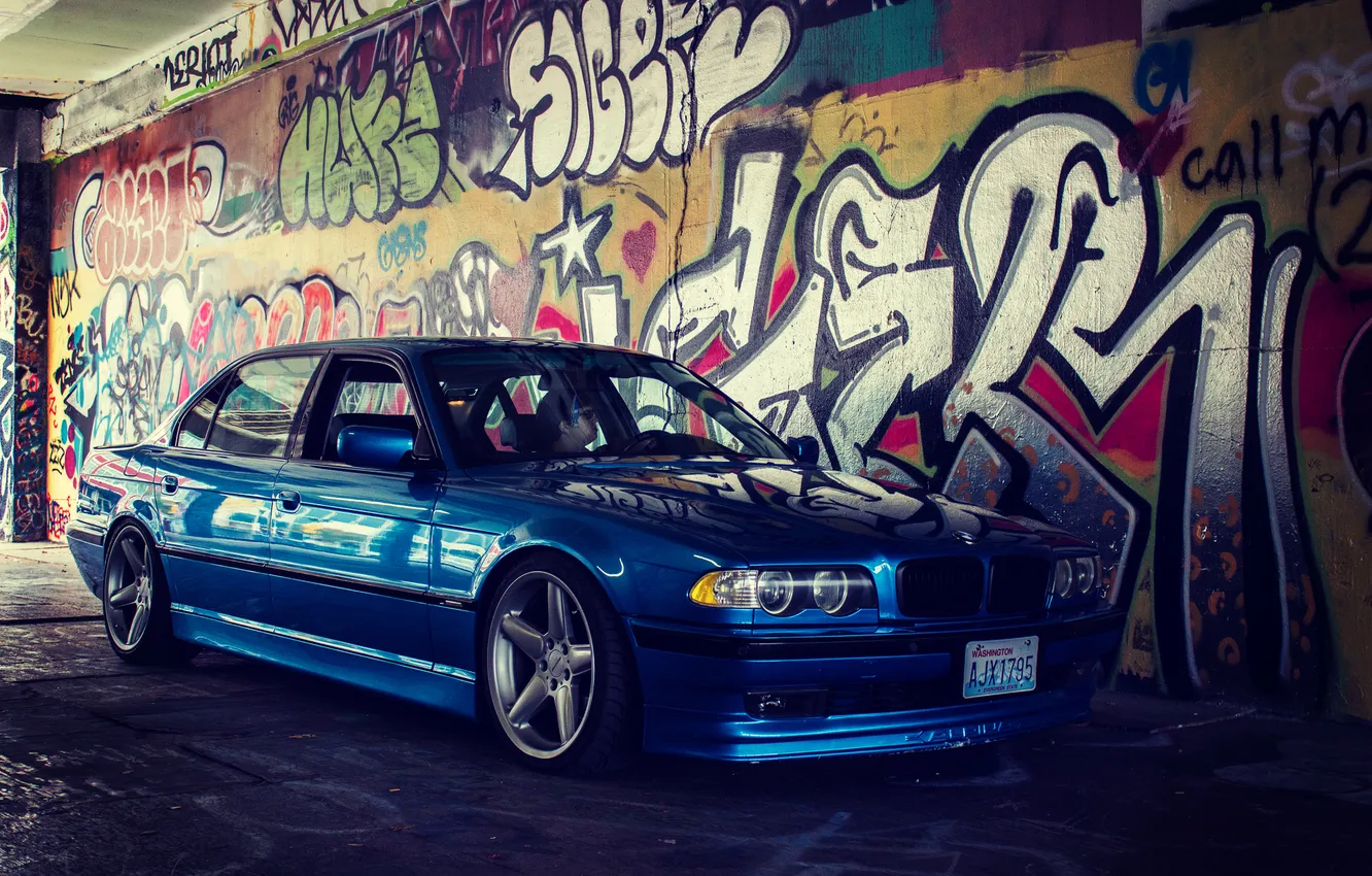Photo wallpaper wall, tuning, BMW, grafiti, stance, bmw e38, 750il