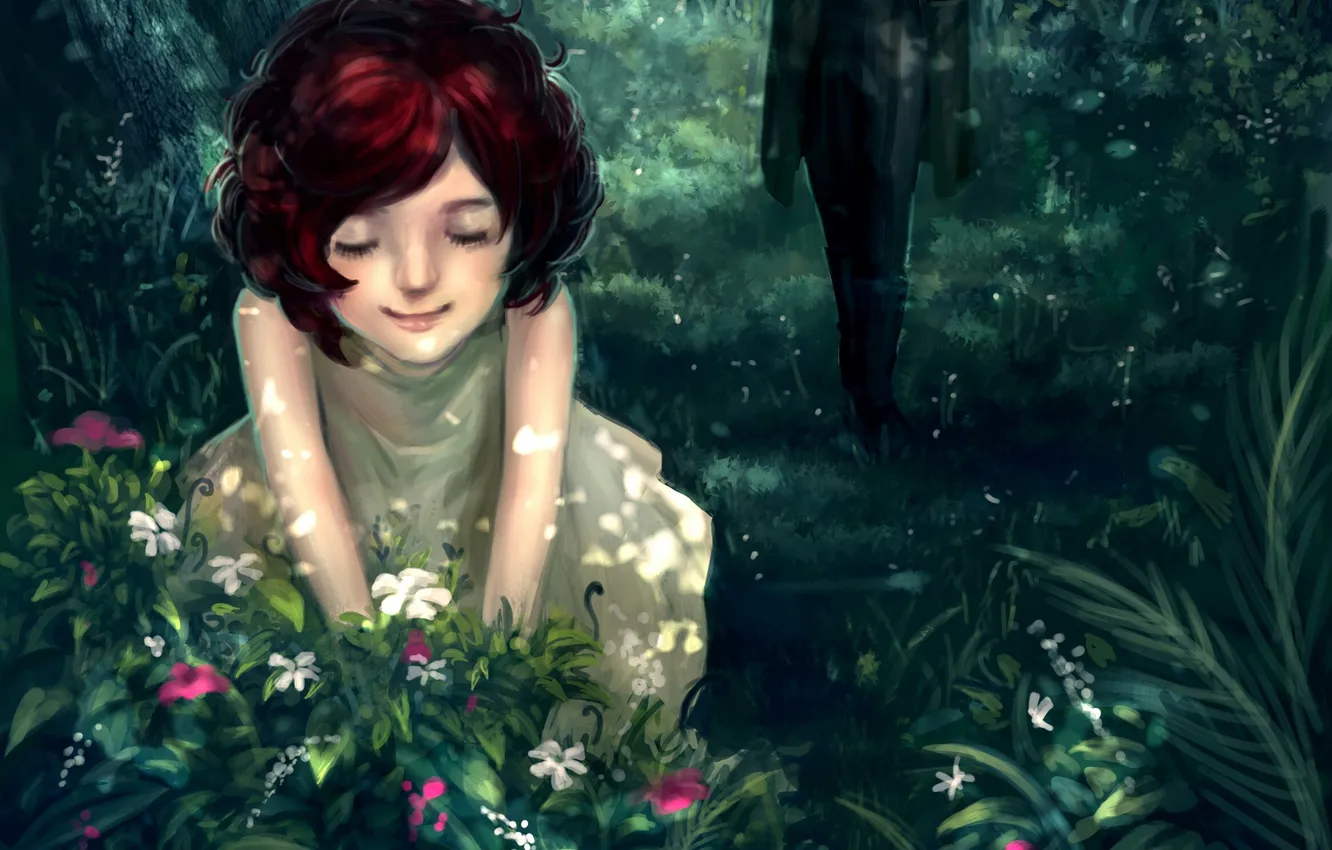Photo wallpaper forest, flowers, girl, bushes