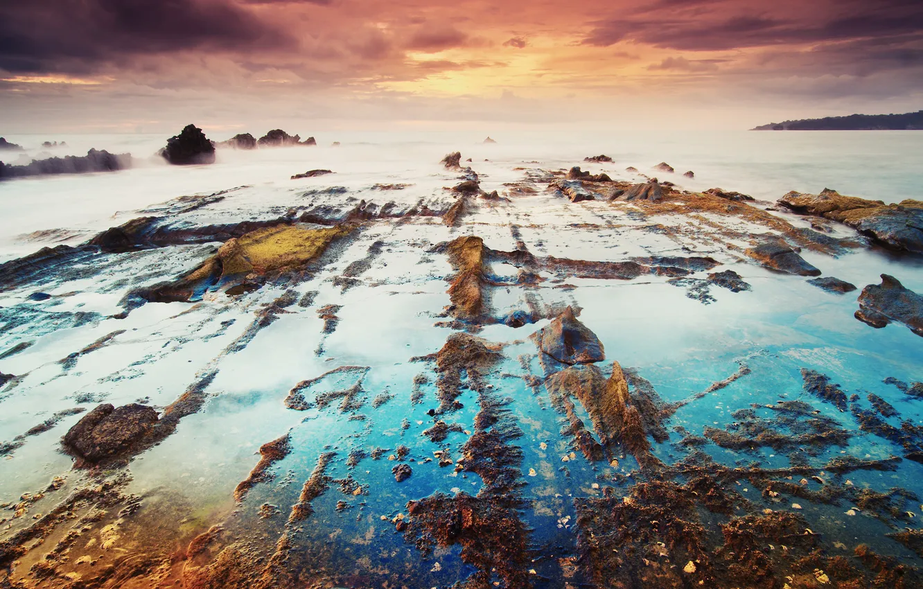 Photo wallpaper sea, the sky, clouds, sunset, stones, shore