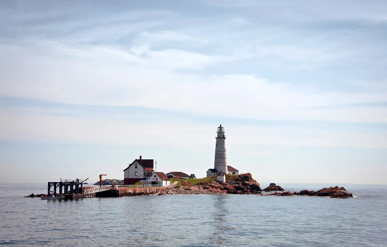 Photo wallpaper sea, the sky, stones, rocks, boat, lighthouse, island, home
