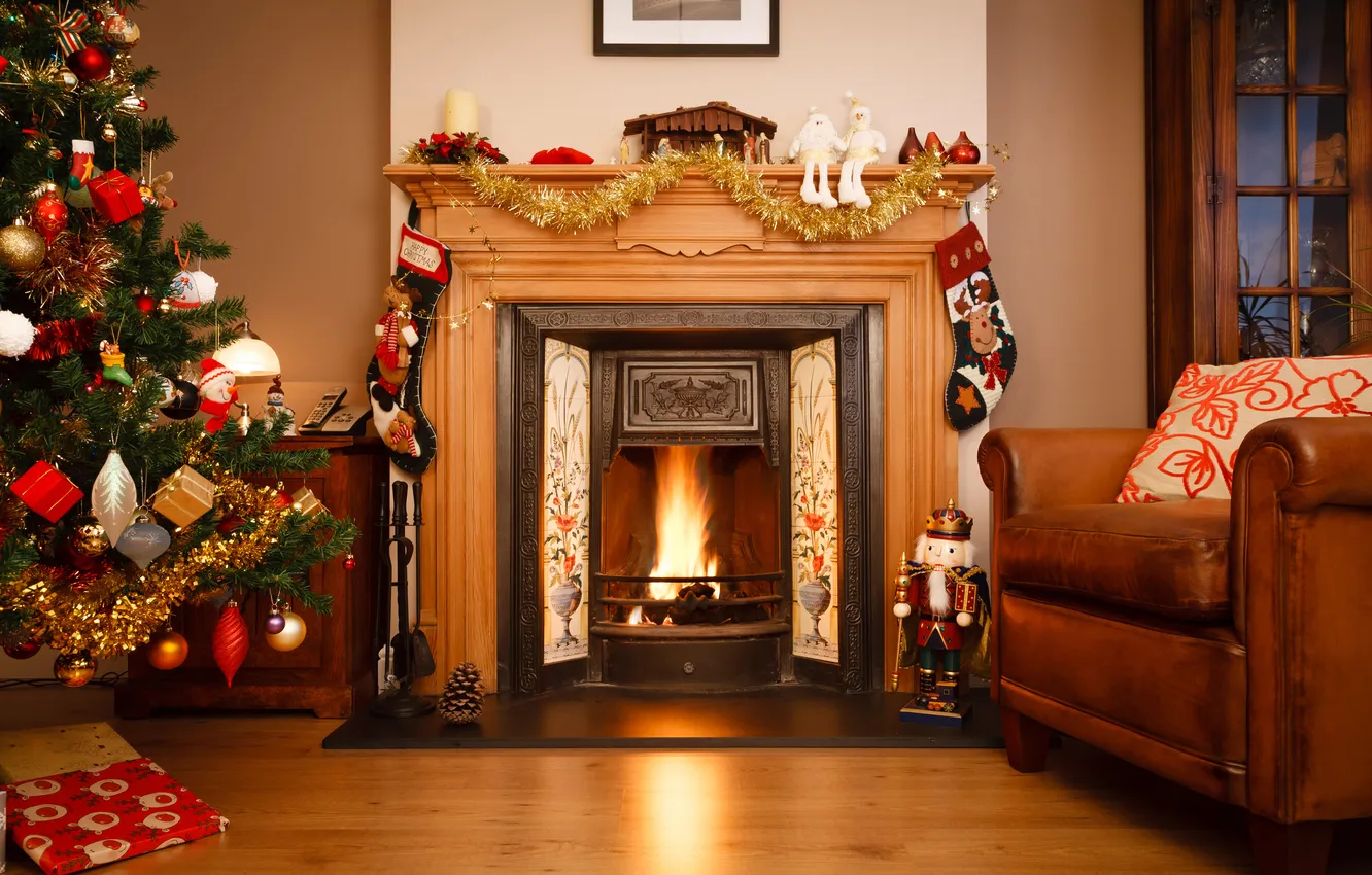 Photo wallpaper winter, room, fire, toys, tree, chair, New Year, Christmas