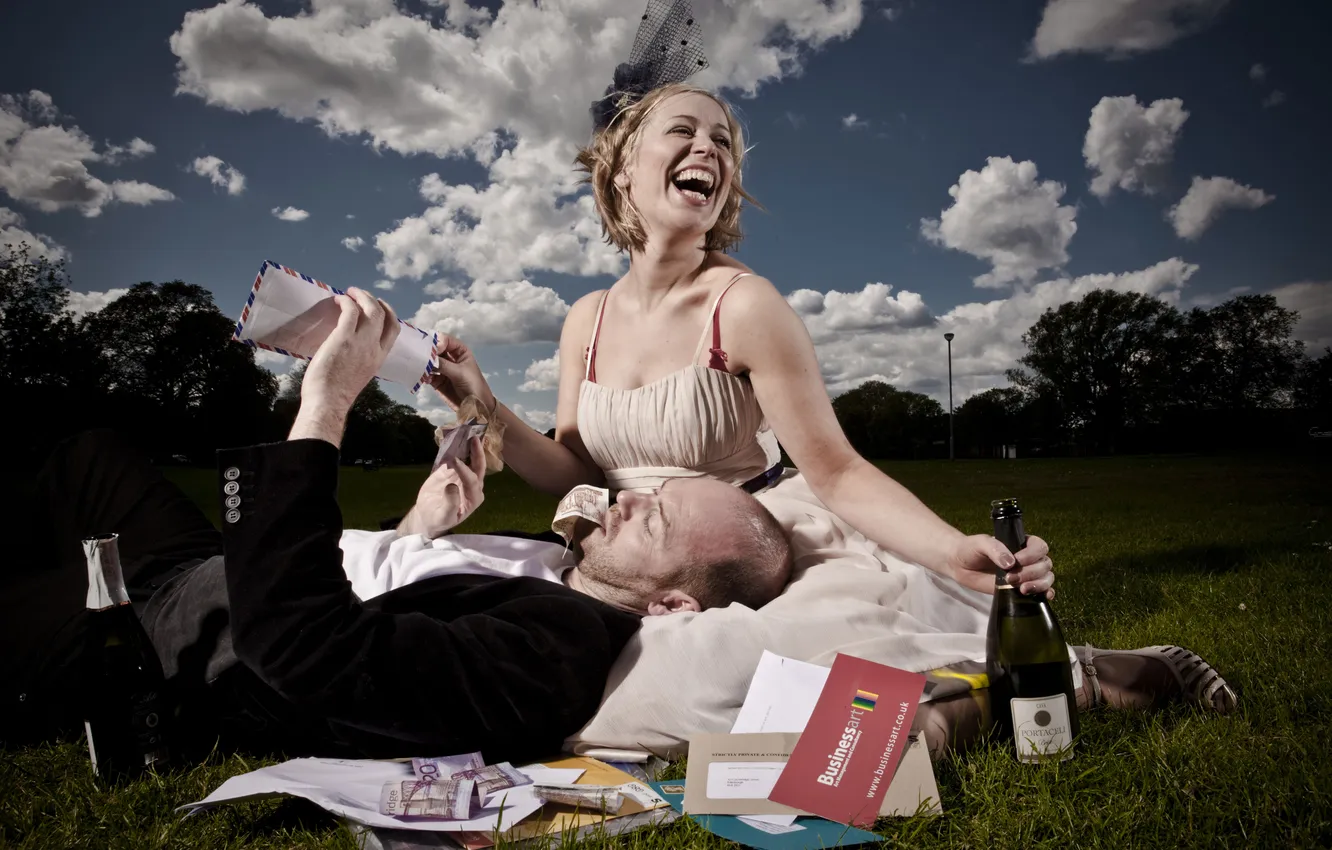 Photo wallpaper girl, smile, wine, man