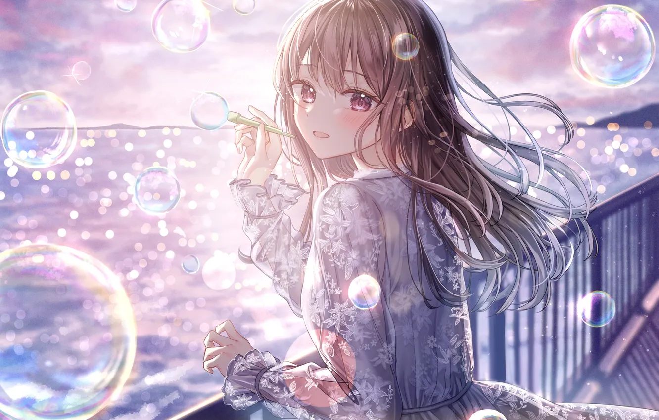Photo wallpaper the sky, water, girl, bubbles