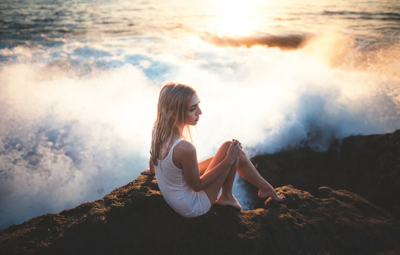Photo wallpaper girl, stones, surf, legs