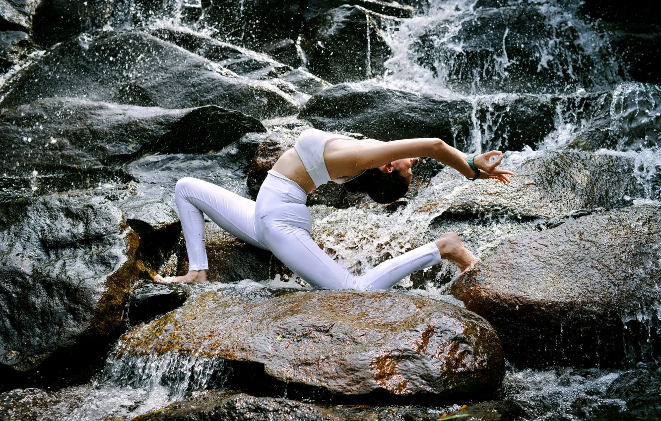 Photo wallpaper girl, nature, pose, stones, gymnastics, yoga