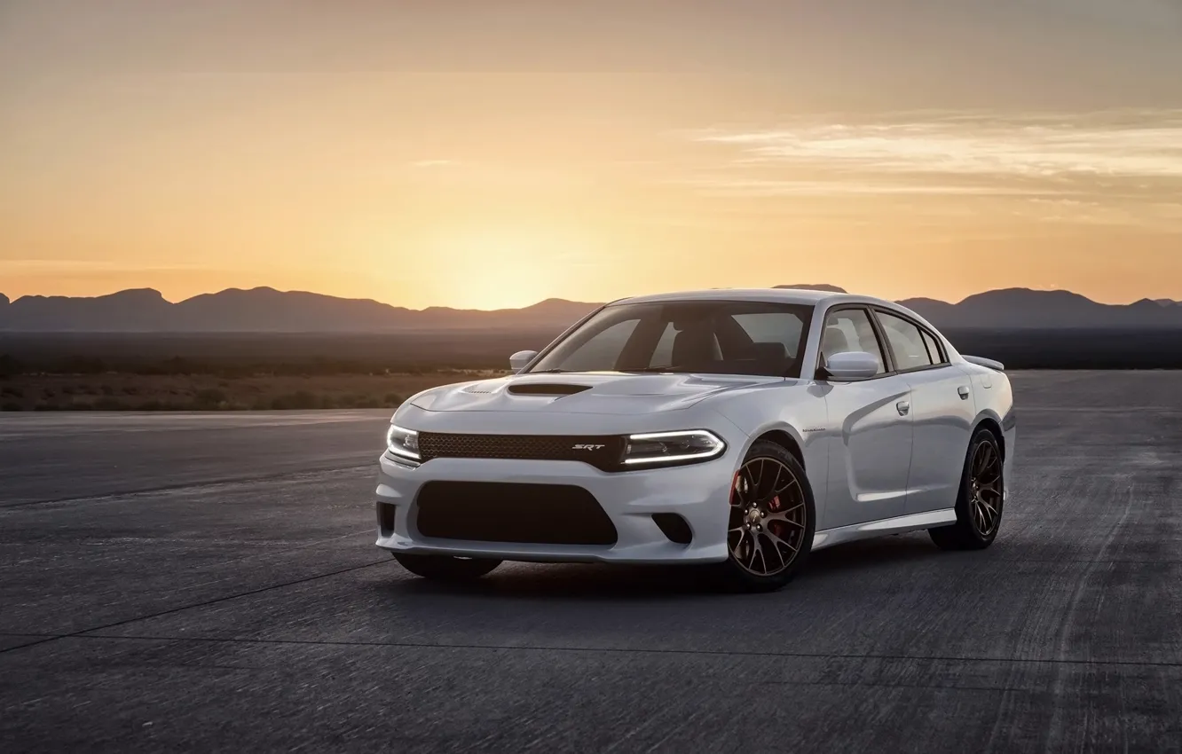 Photo wallpaper mountains, background, Dodge, Dodge, Charger, the front, Hellcat, SRT