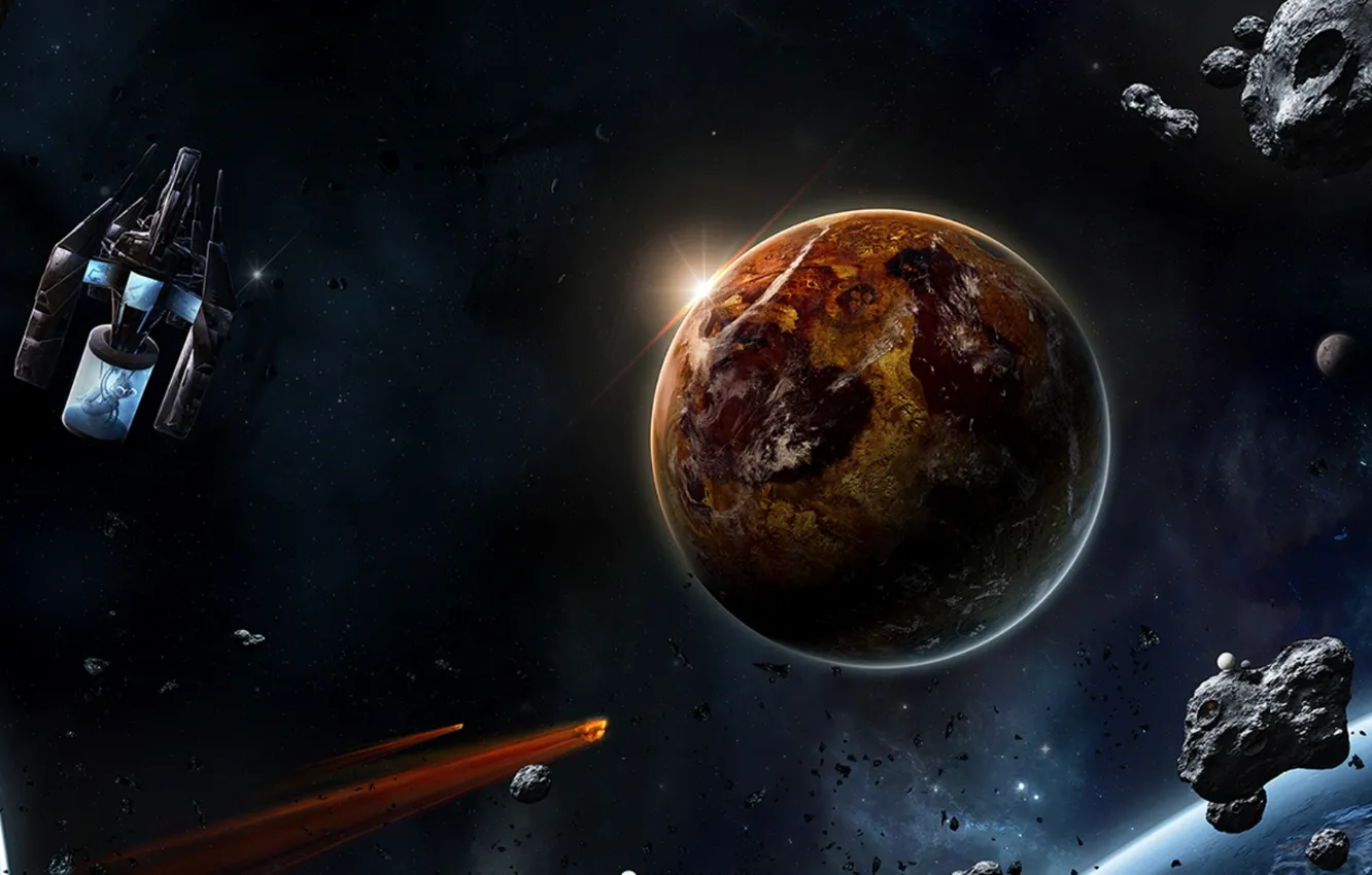 Photo wallpaper planets, spaceships, asteroids, elemental