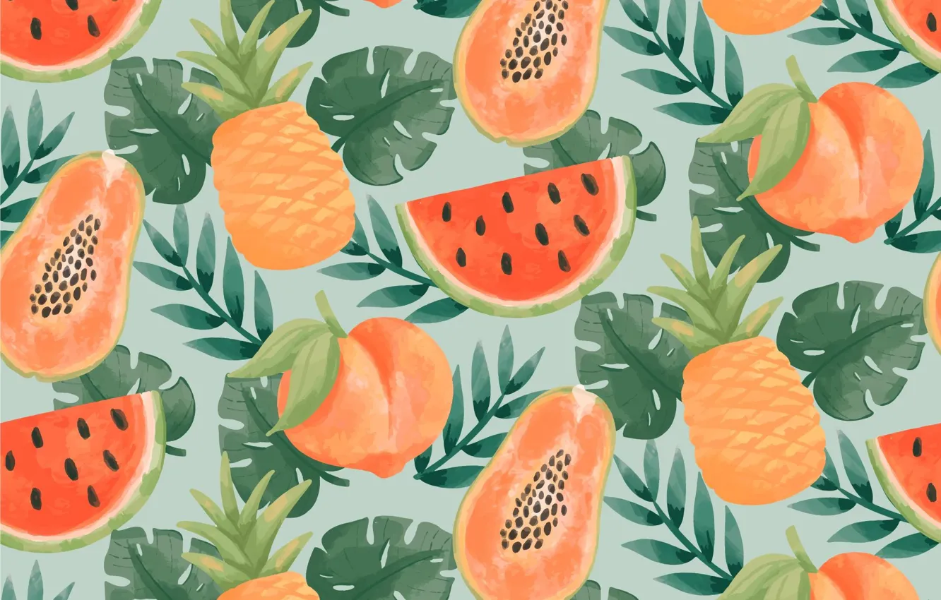 Photo wallpaper leaves, sprig, texture, watermelon, pattern, fruit, pineapple, peaches