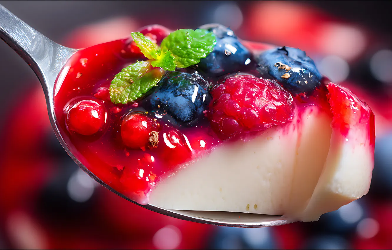 Photo wallpaper berries, raspberry, blueberries, spoon, mint, different, dessert, currants