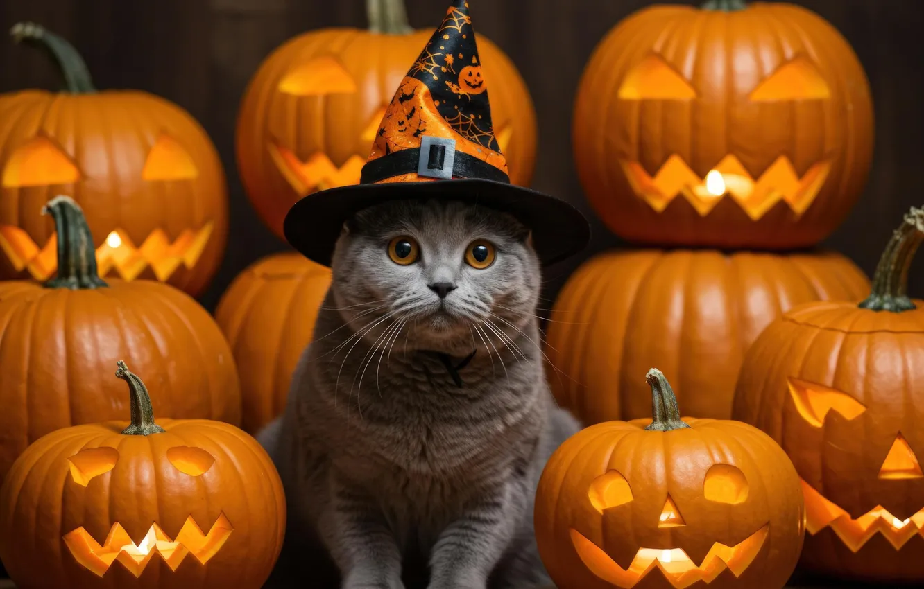 Photo wallpaper autumn, cat, cat, look, pose, face, AI art, neural network