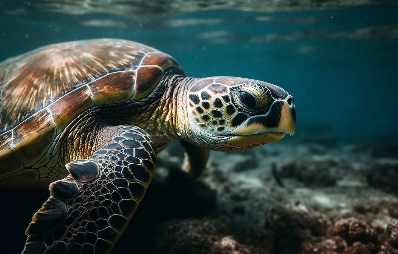 Photo wallpaper sea, turtle, sea turtle, AI art, neural network