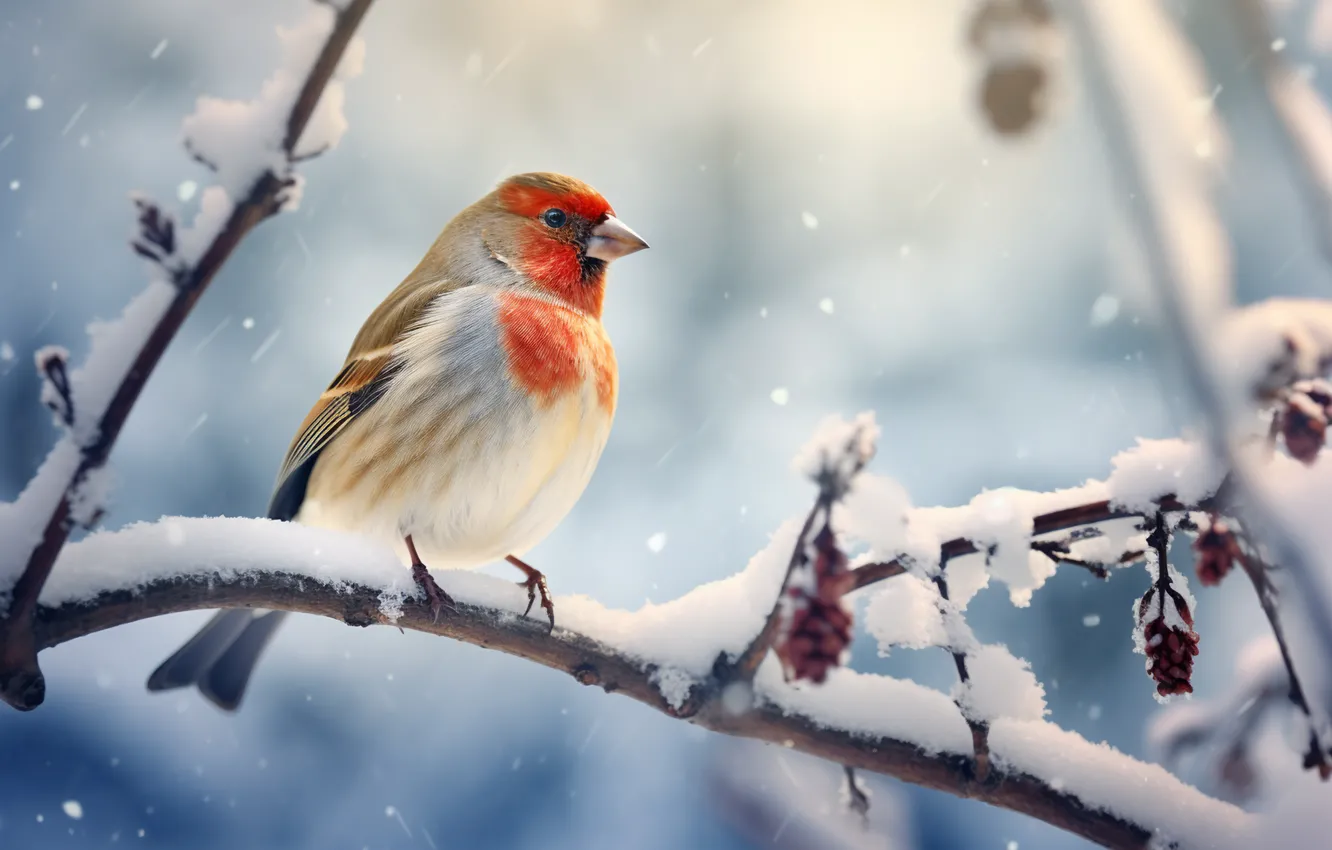 Photo wallpaper winter, snow, branches, nature, bird, branch, fruit, snowfall