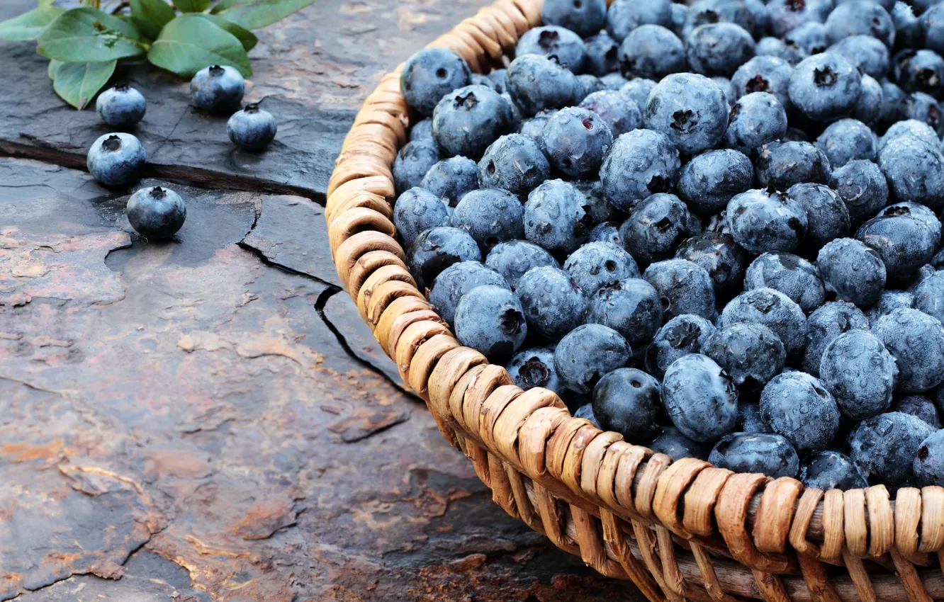 Photo wallpaper berries, blueberries, basket, fresh, wood, blueberry, blueberries, berries