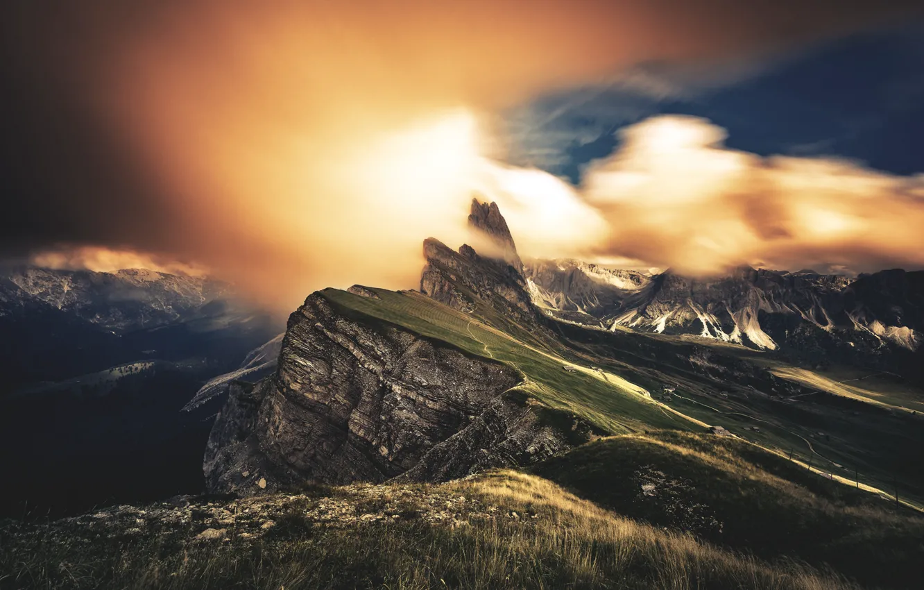 Photo wallpaper sky, mountains, clouds