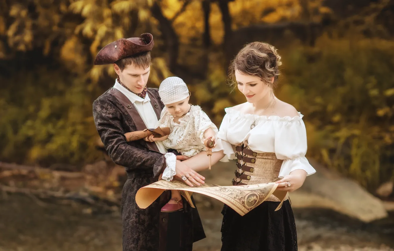 Photo wallpaper girl, children, retro, map, family, pair, male