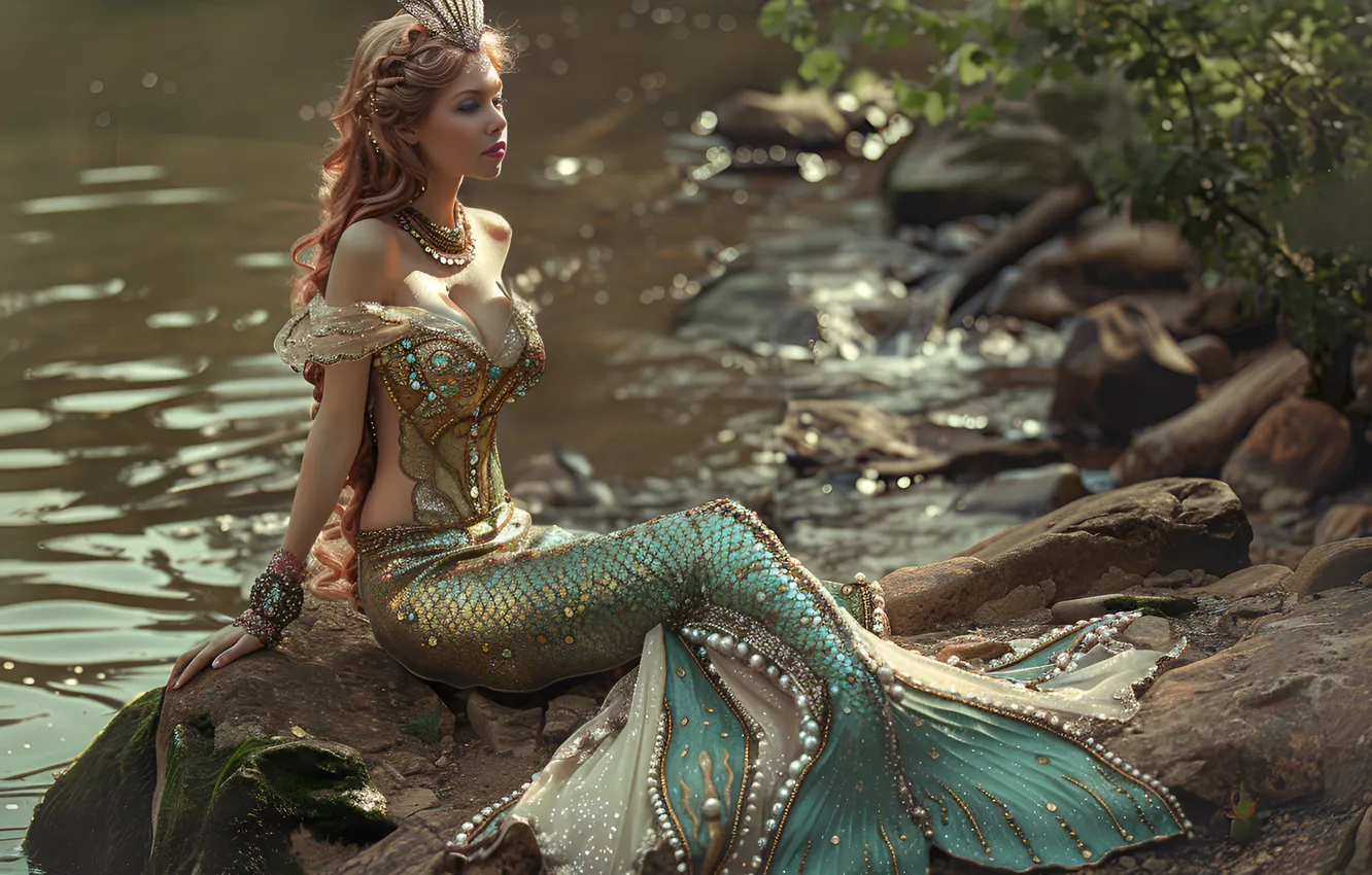 Photo wallpaper water, girl, stones, shore, hair, mermaid, tail, digital art